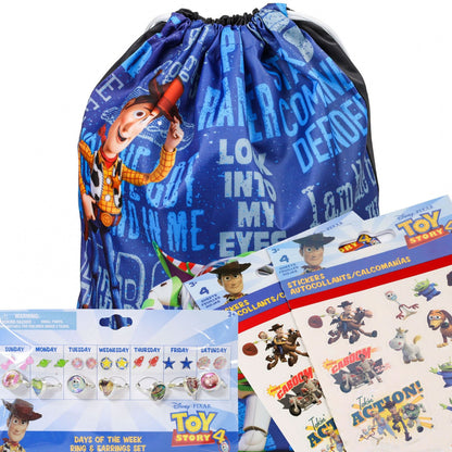 Toy Story 19-piece bundle with cinch bag, drawstring backpack, sticker sheet, and earrings