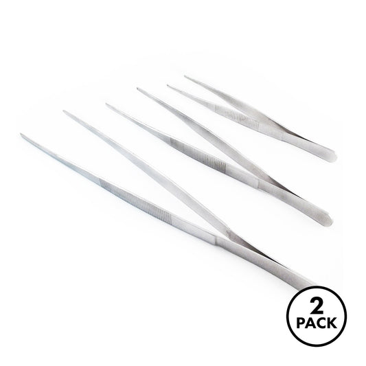 two sets of three large serrated tweezer tongs with a storage case