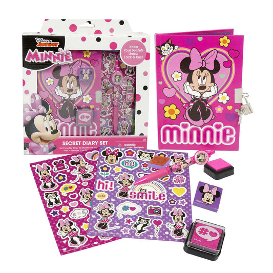 Disney Minnie Mouse 8-piece diary with lock and matching stationery items.