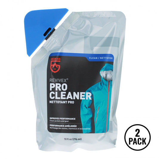 Two 12 oz bottles labeled Gear Aid ReviveX Pro Cleaner 4x Concentrate for outdoor clothing.