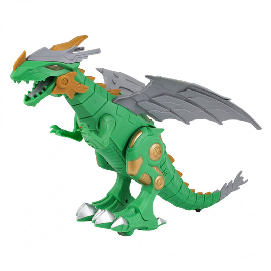 Green robot dinosaur toy with walking stance, lights and sound details, Kidplokio branding visible