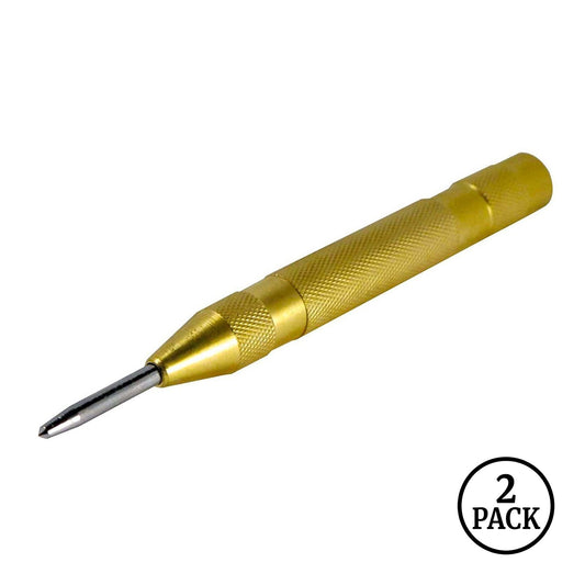 Two brass automatic spring-loaded center punch hole markers placed on a plain background
