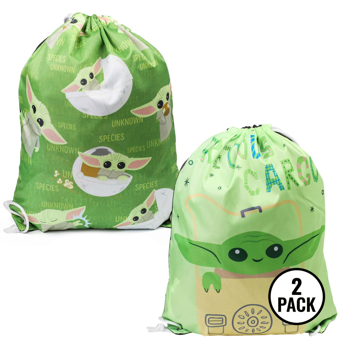 Two Baby Yoda themed kids 18-inch drawstring cinch bags displayed front view on a plain surface.
