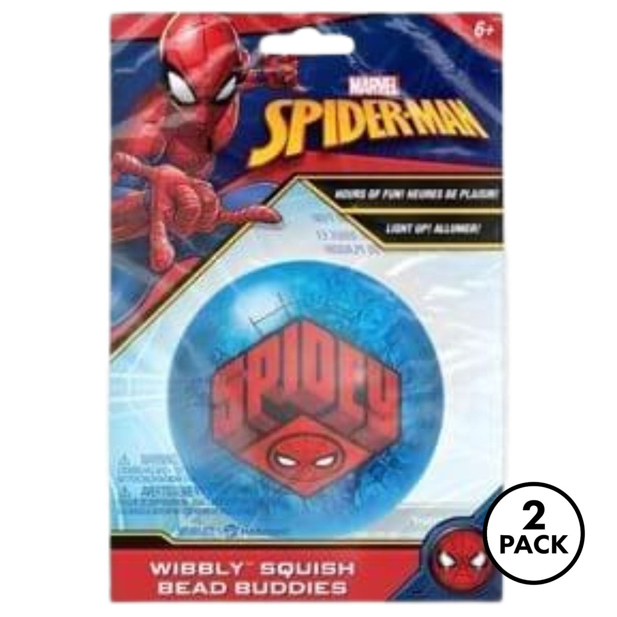 Two Marvel Spiderman Wibbly Squish Bead Buddies 3-inch fidget balls in Spiderman-themed packaging