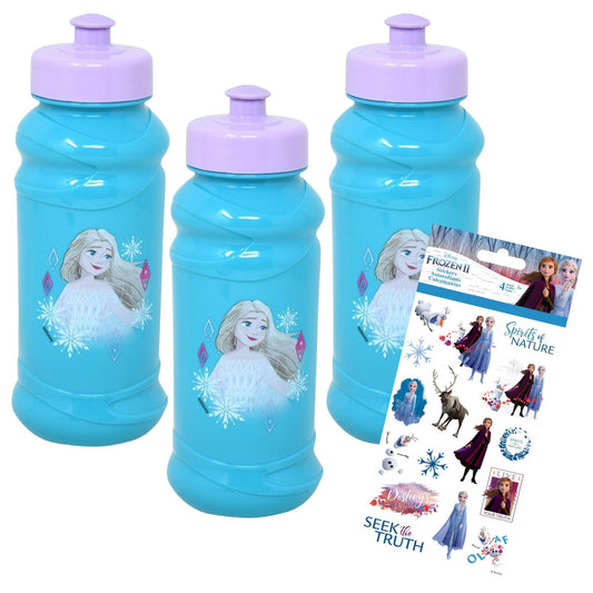 Set of four Disney Frozen II themed water bottles with a matching sticker sheet.
