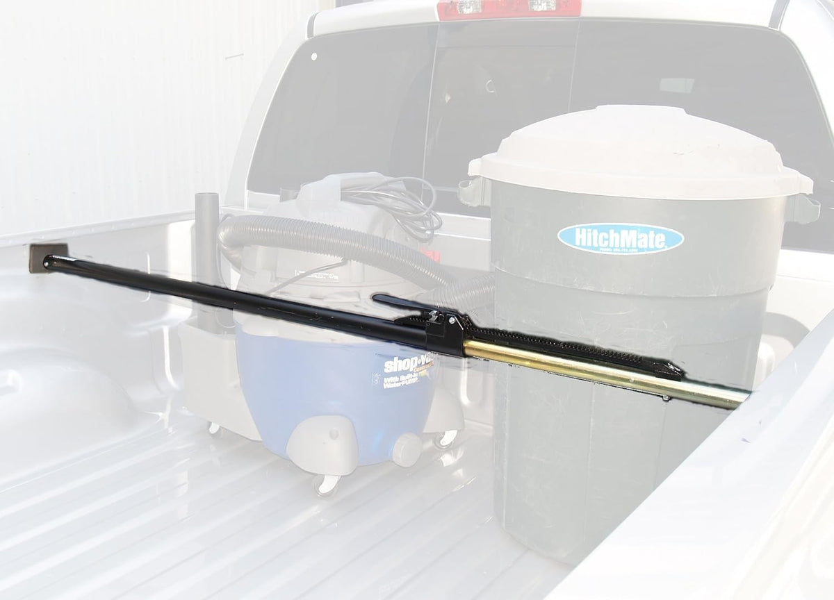 Heininger 4016 HitchMate cargo stabilizer bar extended and positioned for full-size truck beds.