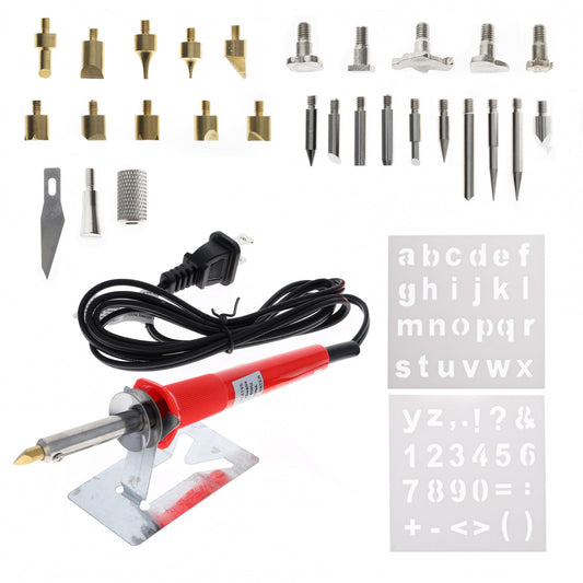 Set of 37 wood burning pen tools and assorted tips displayed on a surface