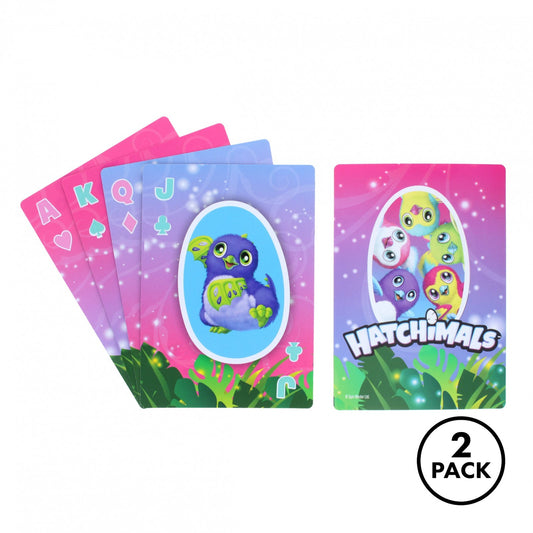 Two packs of Cardinal licensed Hatchimals jumbo playing cards with printed graphics.