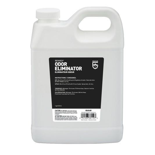 One-gallon jug labeled Gear Aid Revivex Odor Eliminator, designed for tents and outdoor equipment.