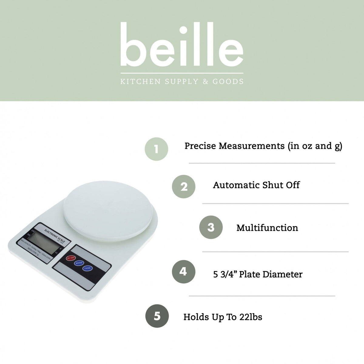 Beille Electronic Kitchen Cooking Baking Digital Food Scale 22lbs Capacity