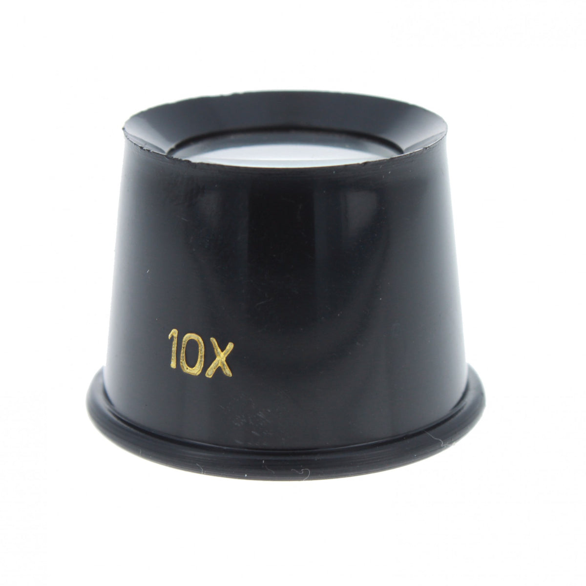 Plastic jewelers loupe with glass lens, 25mm diameter, labeled 10X magnification.