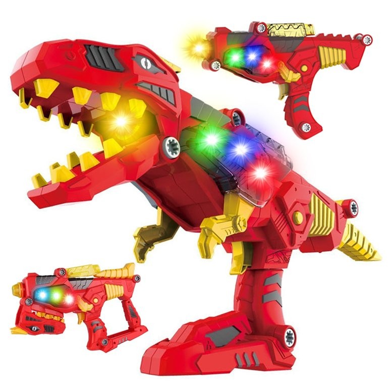 Transforming dinosaur toy space blaster in red showing lights and sound features.