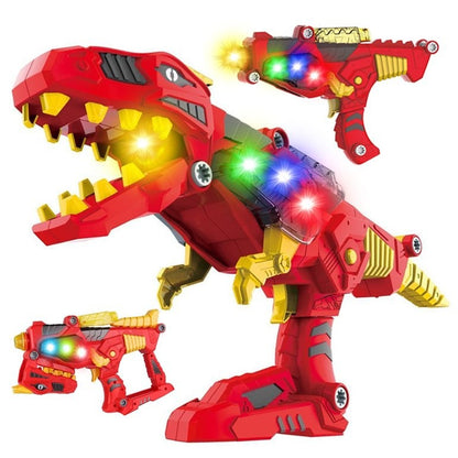 Transforming dinosaur toy space blaster in red showing lights and sound features.