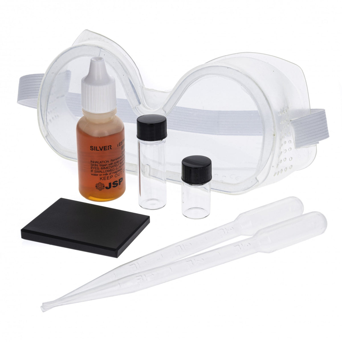 ToolTreaux Safety Silver Testing Kit with Testing Stone, 7 pieces, shown together.