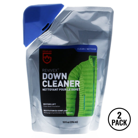 Two bottles of Gear Aid ReviveX down cleaner for jackets and sleeping bags, each labeled 10 oz.