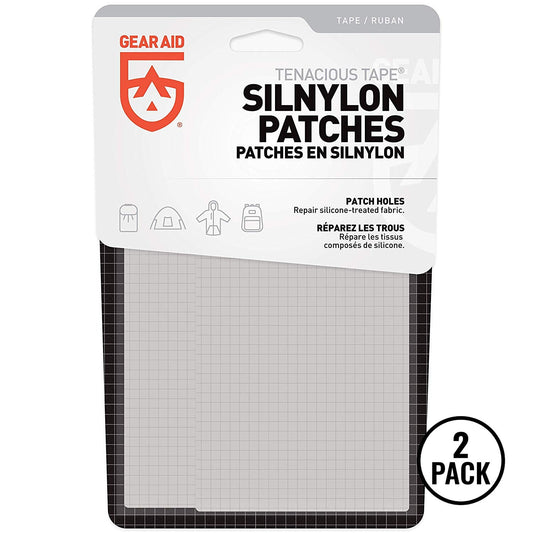 Two GEAR AID Tenacious Tape silnylon patch kits for tent and tarp repair.