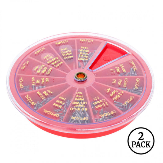 Two revolving organizers containing assorted screws for eyeglasses and watch repair.
