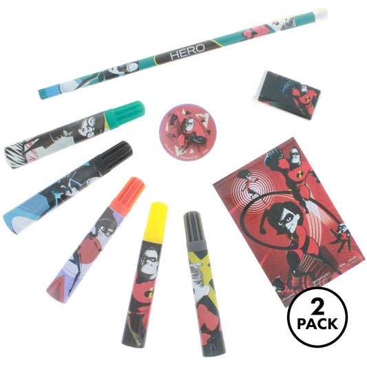 Two packs of Disney Pixar Incredibles 2 themed stationery, each containing 9 assorted creative play pieces.