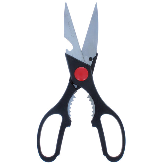 Multipurpose kitchen scissors with black or green handles, stainless steel blades.