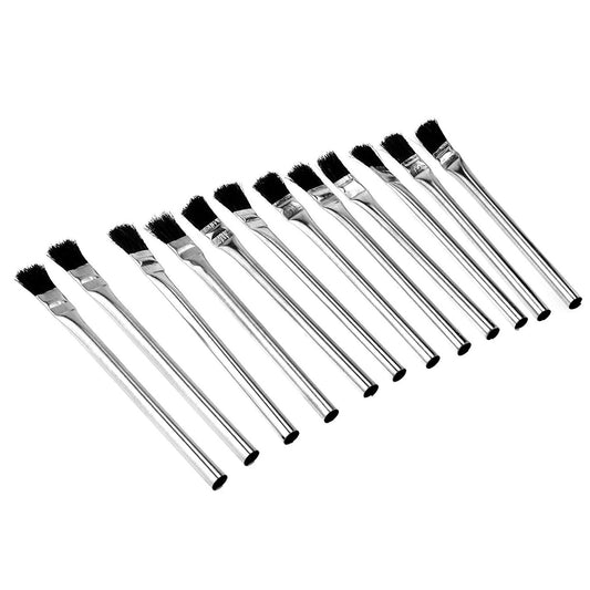 Twelve acid brushes with 6 inch metal handles and black bristles laid side by side.