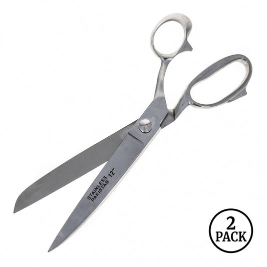 Two pairs of heavy-duty ToolTreaux stainless steel fabric scissors, each measuring 12 inches in length.