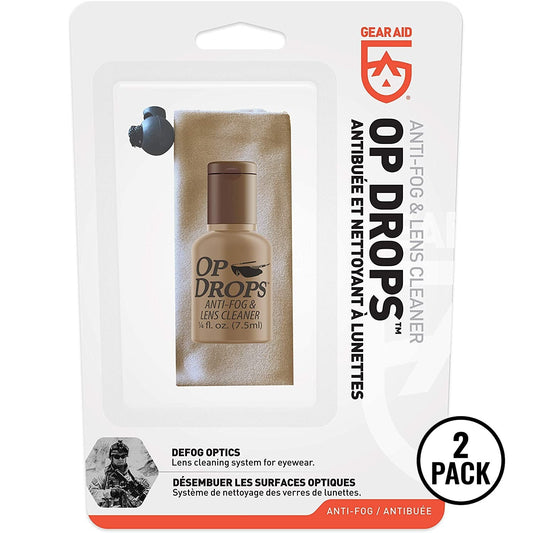 Two Tactical Op Drops anti-fog and lens cleaning kits, each containing 0.25 oz bottle