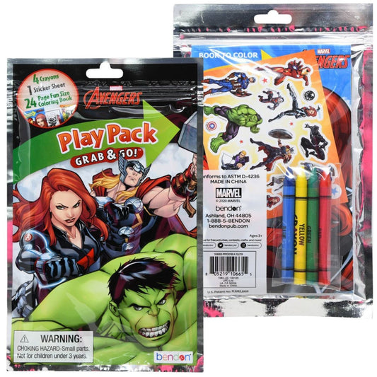 Marvel Avengers coloring book play pack with six components for boys, shown in themed packaging.