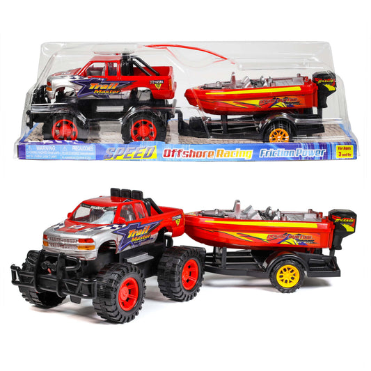 Path Blazer friction power monster truck connected to a speed boat on a trailer, toy set in vivid colors.