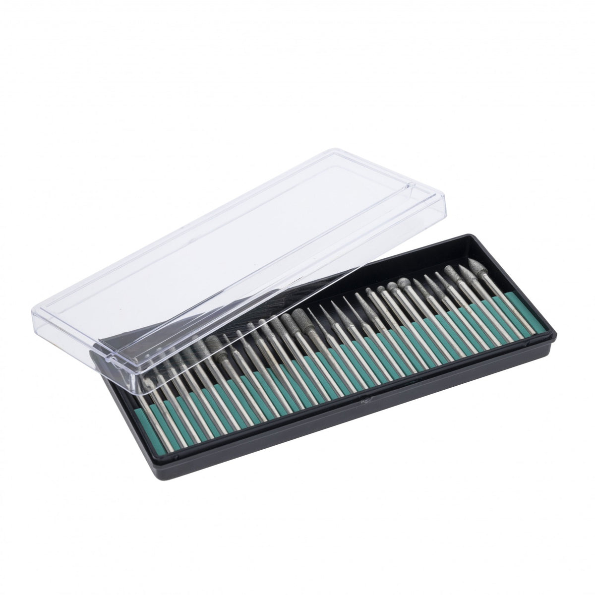 Set of 30 assorted diamond burrs with 0.125 inch shanks arranged in a case