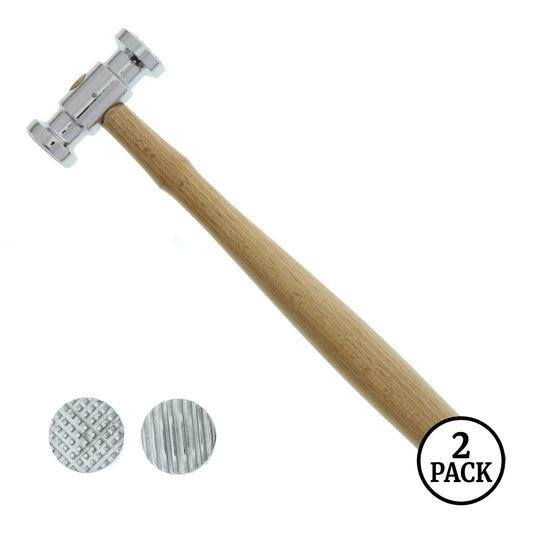 Two jewelry hammers with wooden handles and dual faces, measuring 10.25 inches each, lying parallel.