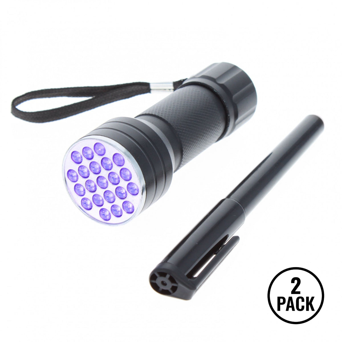 Two blue UV spy pens with invisible ink and UV LED flashlights, shown together as a set.