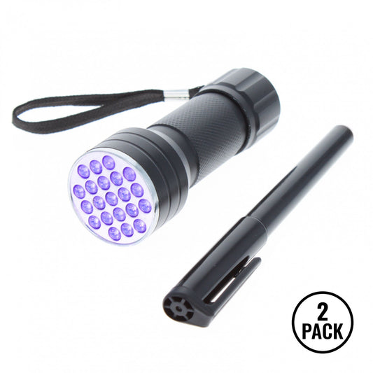 Two blue UV spy pens with invisible ink and UV LED flashlights, shown together as a set.