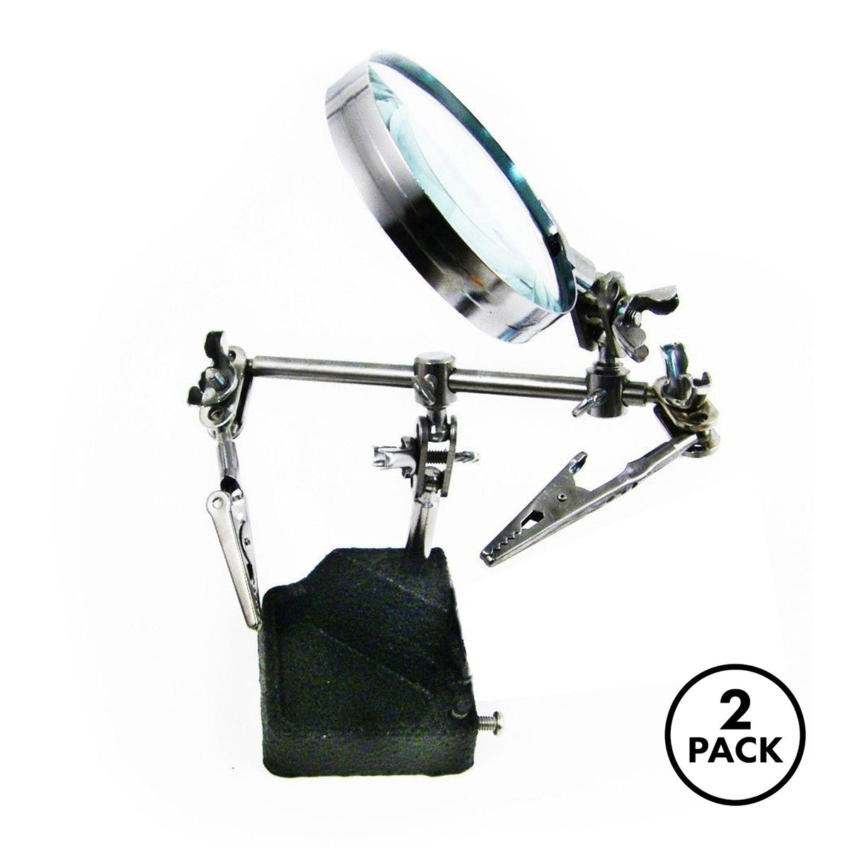 Two soldering helping hand magnifiers each with a sturdy base and 4x magnification lens.