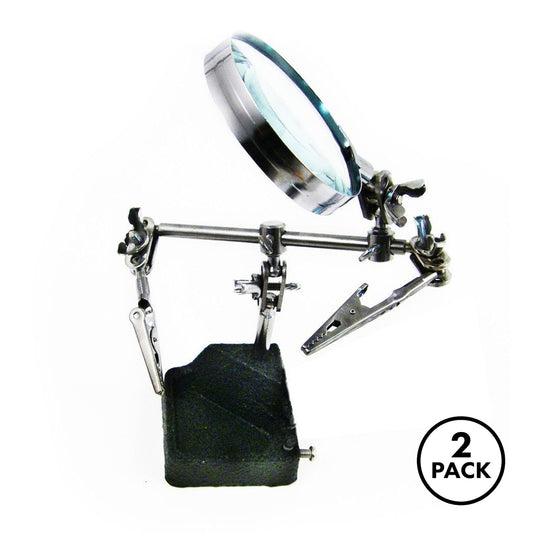 Two soldering helping hand magnifiers each with a sturdy base and 4x magnification lens.