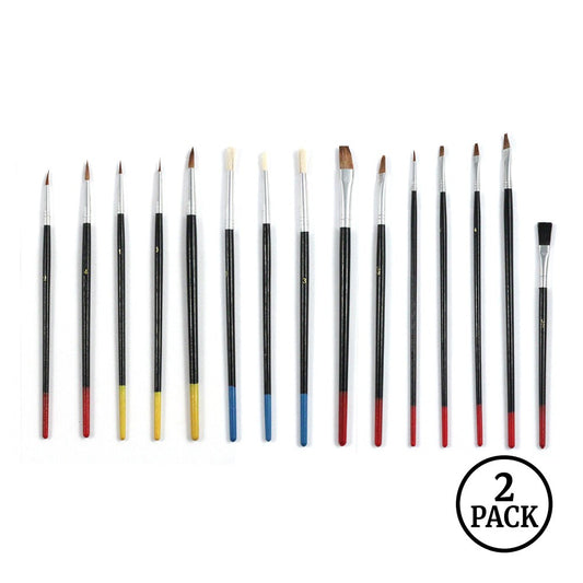 Two sets of paint brushes with natural hair bristles and wooden handles arranged together.