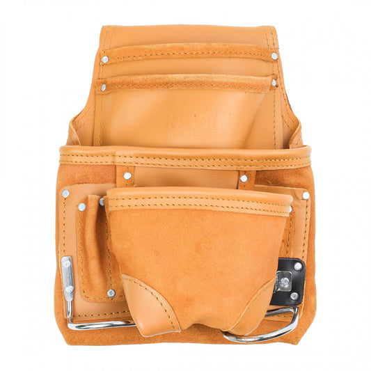 Brown leather tool pouch with 10 pockets, 12 x 10 inches
