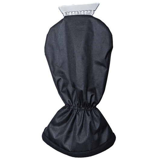 Black ice scraper with attached fleece lined waterproof glove