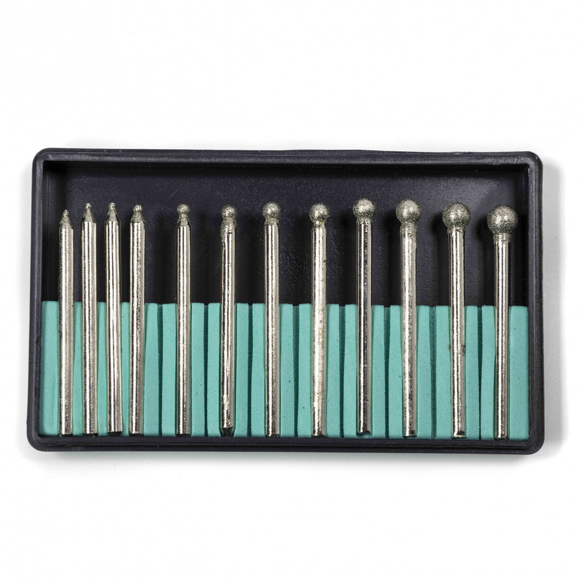 Diamond coated cutting burrs set, 12 pieces, fits rotary tools, labeled ToolTreaux, in assorted sizes.