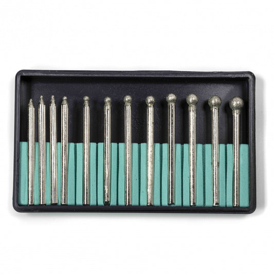 Diamond coated cutting burrs set, 12 pieces, fits rotary tools, labeled ToolTreaux, in assorted sizes.