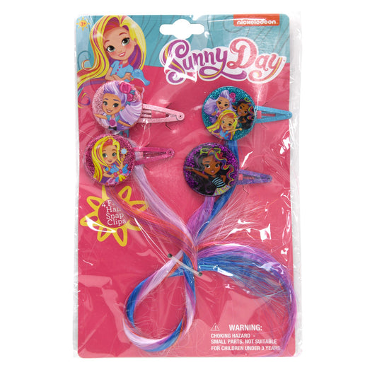 Sunny Day faux hair extension with snap barrettes set for girls; hair piece and barrettes displayed