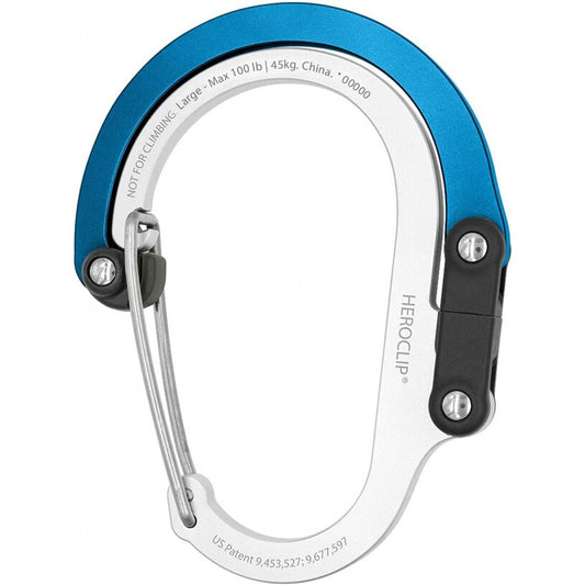 Large blue HEROCLIP carabiner clip hook for camping, backpack, and organization