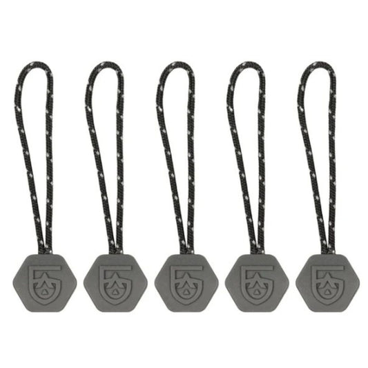 Five black universal TPU zipper pulls displayed in a row