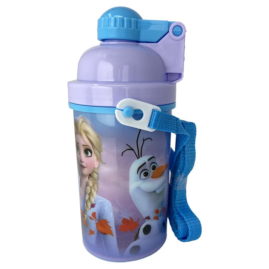 Frozen II water bottle with Anna and Elsa, pop-up lid, and shoulder strap