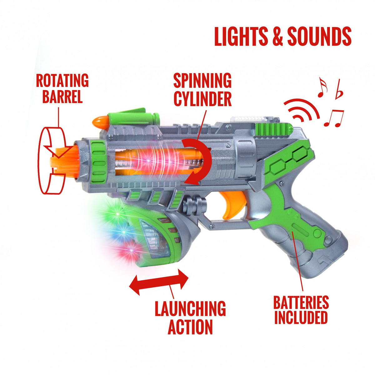 2 Pack Kidplokio Sonic Space Blaster Toy Gun w/ Flashing Lights & Sounds, Green,, view 3