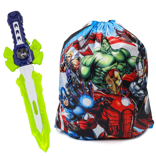 Toy sword and superhero cinch bag set in two available colors.