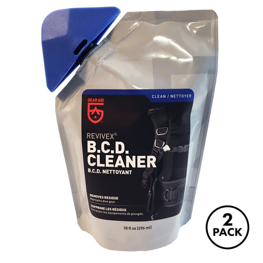 Two bottles of BC Life BCD Cleaner and Conditioner labeled 10 oz each, for household maintenance.