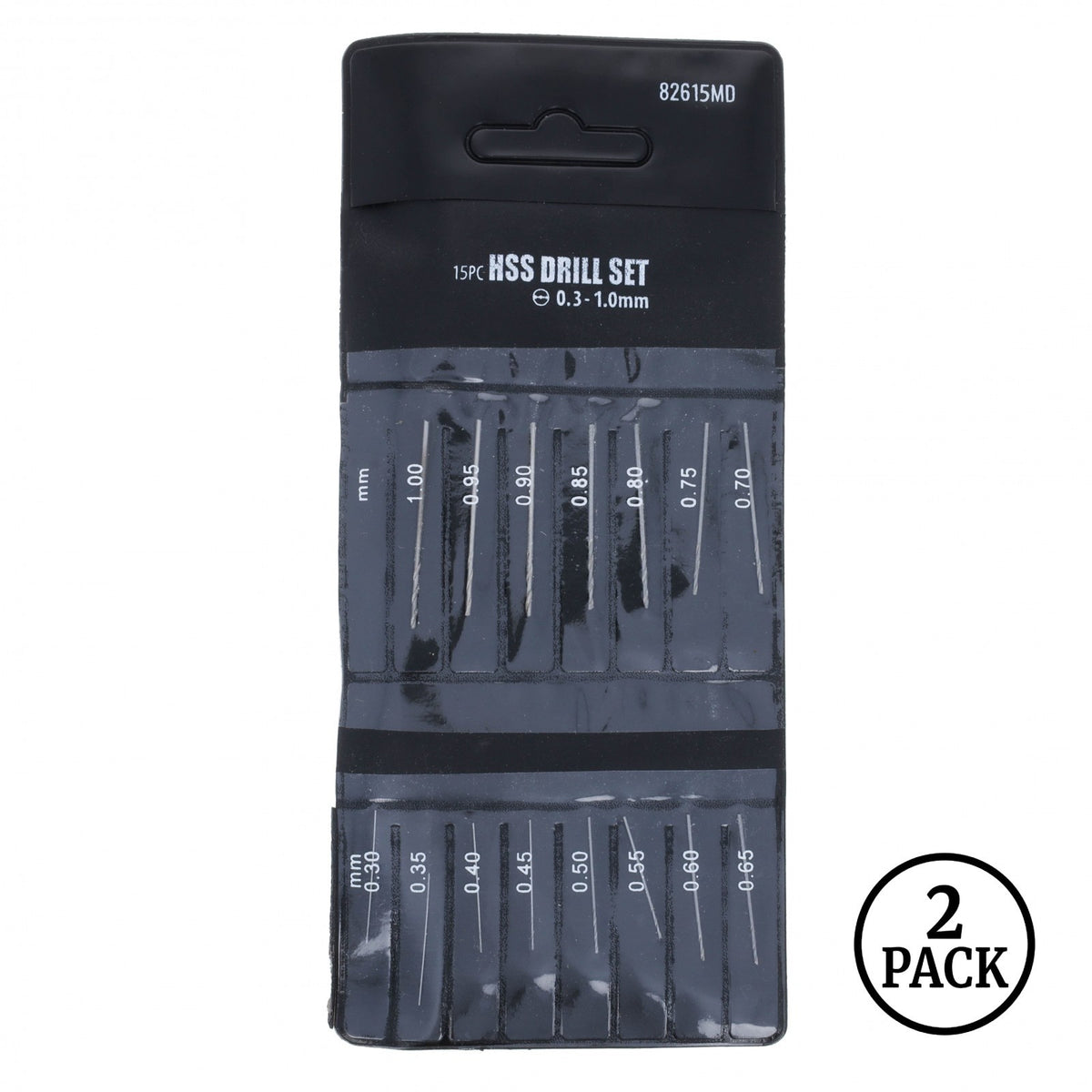 Two sets of 15 mini drill bits each, ranging in size from 0.3mm to 1mm