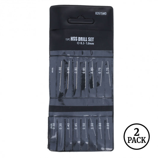 Two sets of 15 mini drill bits each, ranging in size from 0.3mm to 1mm
