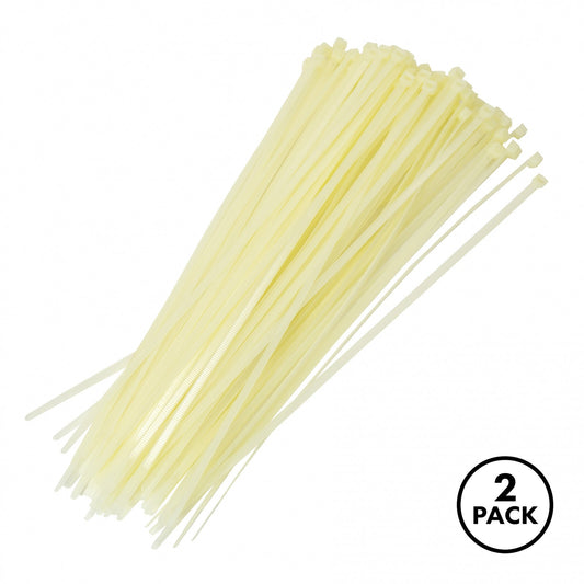 Packaged set of two 100-count 12-inch utility cable zip ties with 4mm thickness.