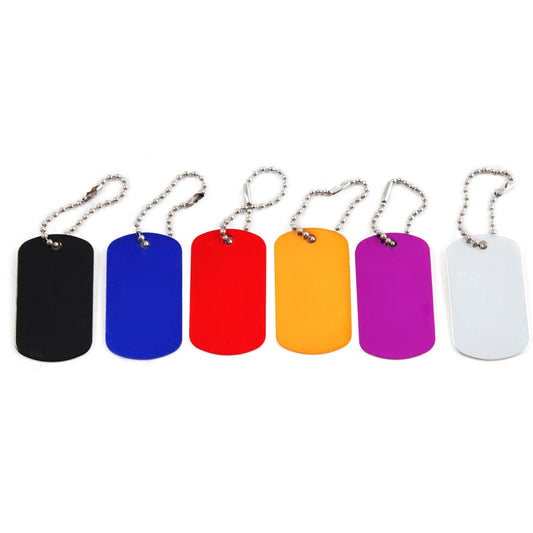 Six aluminum blank military GI style dog tags with attached key chains.